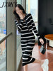 imCharms Spring And Autumn Women's Suits Women's Short Long-Sleeved Knitted Tops One-Shoulder Striped Suspender Dress Two-Piece