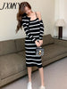 imCharms Spring And Autumn Women's Suits Women's Short Long-Sleeved Knitted Tops One-Shoulder Striped Suspender Dress Two-Piece