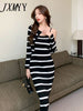imCharms Spring And Autumn Women's Suits Women's Short Long-Sleeved Knitted Tops One-Shoulder Striped Suspender Dress Two-Piece