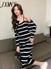 imCharms Spring And Autumn Women's Suits Women's Short Long-Sleeved Knitted Tops One-Shoulder Striped Suspender Dress Two-Piece