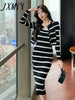 imCharms Spring And Autumn Women's Suits Women's Short Long-Sleeved Knitted Tops One-Shoulder Striped Suspender Dress Two-Piece