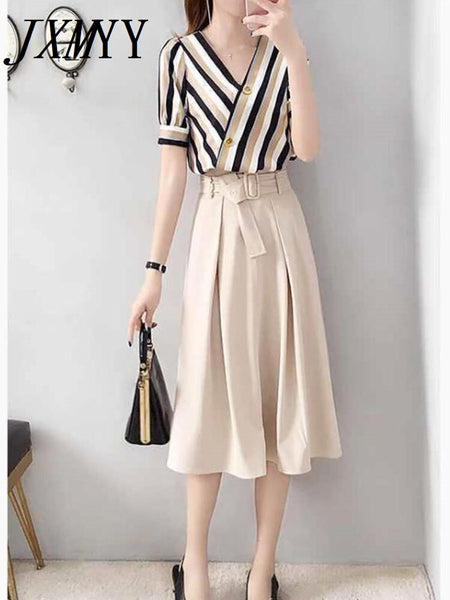 imCharms Striped Dress Two-Piece Women's Summer Mid-Length Temperament Half-Length Slim Casual High-Waist Skirt