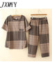 imCharms Suit Women 2023 Korean Version Summer Large Size Plaid Two-Piece Suit All-Match Casual Pants Loose Top Women