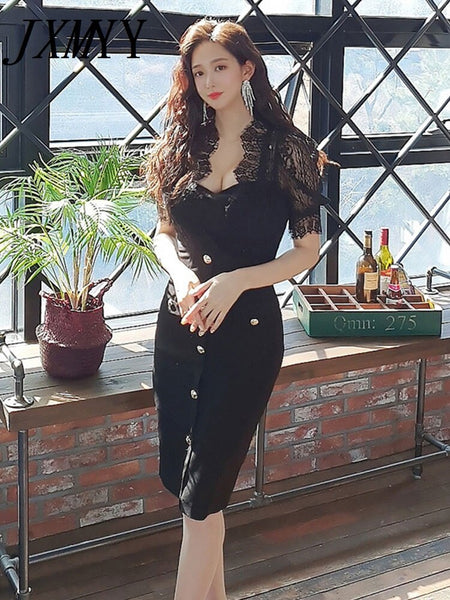 imCharms Summer Dress Korean Style Ladies Elegant Temperament Slim Mid-Length Stitching Lace Sexy Package Hip Dress Women