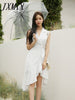 imCharms Summer Elegant Temperament Striped Ruffles Irregular Suit Collar Dress Sexy Mid-Length Skirt Women's Clothing