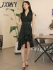 imCharms Summer Elegant Temperament Striped Ruffles Irregular Suit Collar Dress Sexy Mid-Length Skirt Women's Clothing