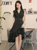 imCharms Summer Elegant Temperament Striped Ruffles Irregular Suit Collar Dress Sexy Mid-Length Skirt Women's Clothing