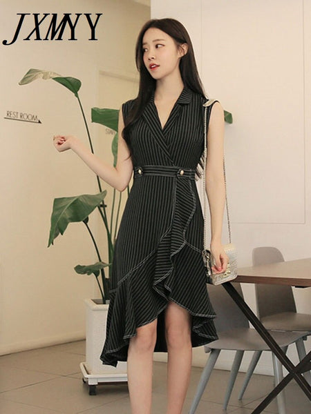 imCharms Summer Elegant Temperament Striped Ruffles Irregular Suit Collar Dress Sexy Mid-Length Skirt Women's Clothing