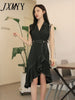 imCharms Summer Elegant Temperament Striped Ruffles Irregular Suit Collar Dress Sexy Mid-Length Skirt Women's Clothing