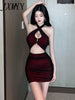 imCharms Summer Sexy Temperament Cross Hanging Neck Tight Hollow Bag Hip Double Layer Backless Dress Female