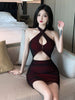 imCharms Summer Sexy Temperament Cross Hanging Neck Tight Hollow Bag Hip Double Layer Backless Dress Female