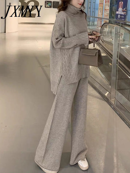 imCharms Sweater Set Women Tracksuit Spring Autumn Knitted Suits 2 Piece Set Warm Turtleneck Sweater Pullovers Wide Legs Pants