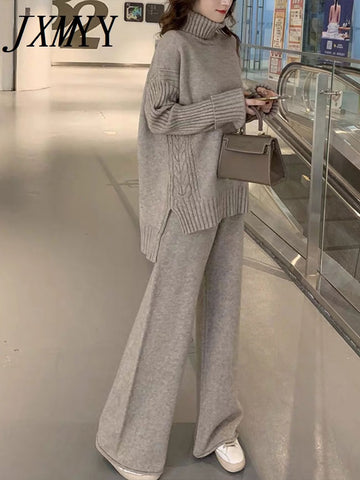 imCharms Sweater Set Women Tracksuit Spring Autumn Knitted Suits 2 Piece Set Warm Turtleneck Sweater Pullovers Wide Legs Pants