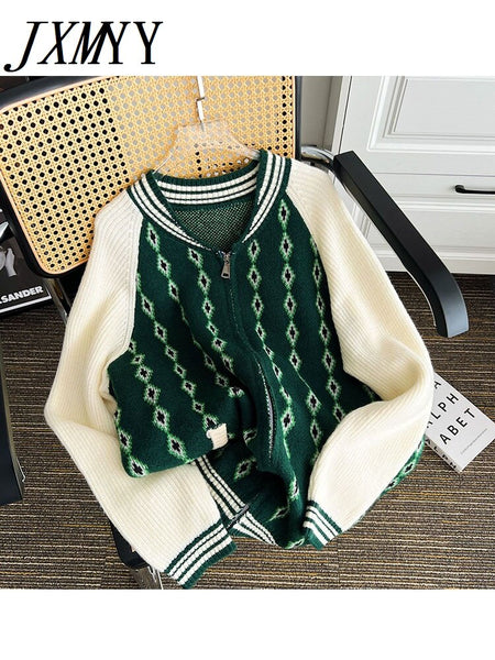 imCharms Vintage Retro Diamond Sweater Jacket Women's Spring And Autumn 2023 Grid Design Sense Niche Baseball Clothing Ins Tide