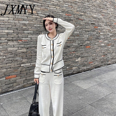 imCharms White Knitted Suit Ladies 2023 Autumn Women's Long-Sleeved Cardigan Top + Two-Piece Casual Pants