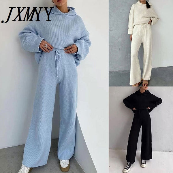 imCharms Winter Women's Suit Simple Pure Color Sports Wind Hooded Casual Suit Knitted All-Match женские свитера