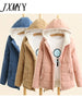 imCharms Women Winter Fleece Parkas Coat Korean Casual Jackets Cotton Hooded Windproof Warm Pink Khaki Velvet Coat for Women