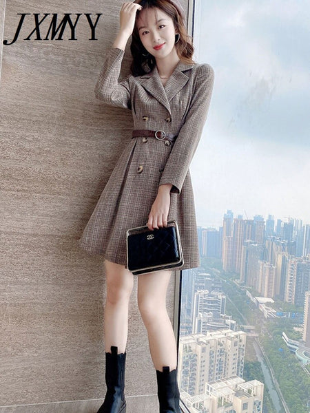 imCharms Women's Elegant Plaid Suit Dress 2023 Spring Temperament Retro High Waist Double Breasted Ladies Autumn Dress