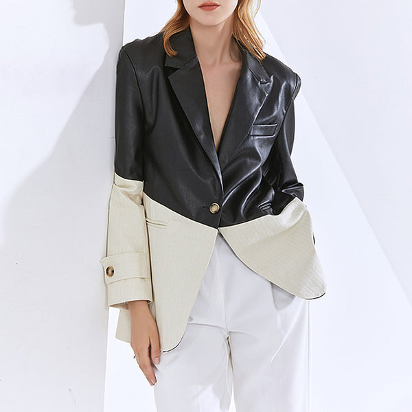 Jacket Blazer Women 2023 Temperament Casual Suit Collar Contrast Color Loose Stitching PU Leather Suit Jacket