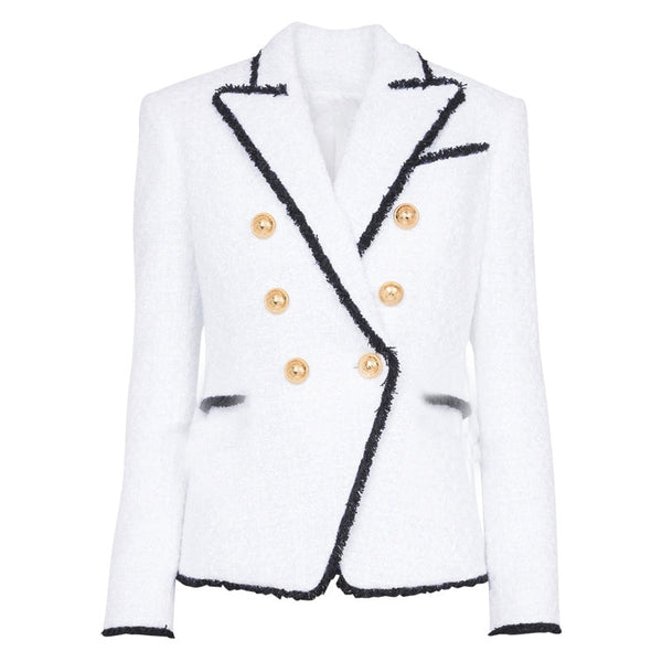 Jacket Blazer Woolen White 2023 Black Fringed Gold Double Breasted Button Metal Buckle Slim Business Wear Suit Jacket Women