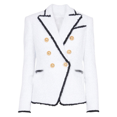 Jacket Blazer Woolen White 2023 Black Fringed Gold Double Breasted Button Metal Buckle Slim Business Wear Suit Jacket Women