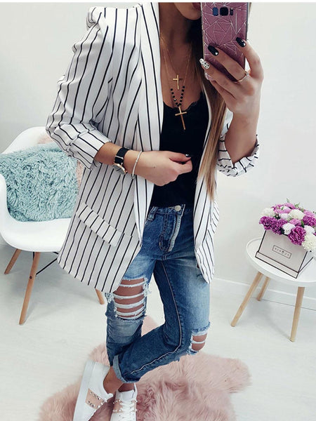Jacket Women Sexy Cardigan Long Sleeve Striped Small Suit Black and White  Blazer Women  Suit Blazer Casual Office Lady Coats