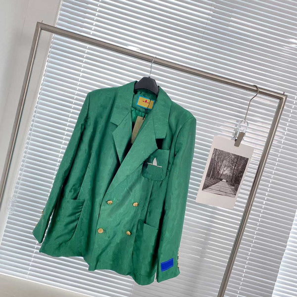 Jacquard blazer custom fabric pocket embroidered clover hardware buttons all custom green and white