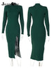 Jacuqeline 2022 Autumn Winter Turtleneck Ribbed Women Knitted Midi Dress Sexy Bodycon With Pads Basic Long Sleeve Split Dresses
