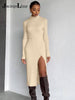 Jacuqeline 2022 Autumn Winter Turtleneck Ribbed Women Knitted Midi Dress Sexy Bodycon With Pads Basic Long Sleeve Split Dresses