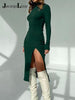 Jacuqeline 2022 Autumn Winter Turtleneck Ribbed Women Knitted Midi Dress Sexy Bodycon With Pads Basic Long Sleeve Split Dresses