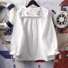 Japan Style Mori Girl Blouse Literary Embroidered Peter Pan Collar Loose Cotton White Shirt Women