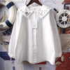 Japan Style Mori Girl Blouse Literary Embroidered Peter Pan Collar Loose Cotton White Shirt Women
