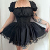 Japanese Lolita Princess Black Gothic Sexy Mini Bad Girl Dress Kawaii High Waist Puff Sleeve Lace Ruffles White Party Robe Women