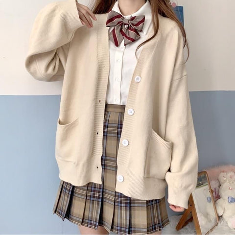 Japanese School Basic JK Uniform Cosplay Sweaters Women Solid Kawaii Pullovers Autumn V-neck Preppy Style Loose Knitted Cardigan
