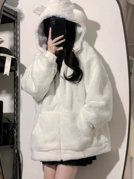 Japanese Style Kawaii Fluffy Coat Y2k Women Aesthetic Fairy Grunge Jacket Warm Outwear Ber Ear Hooded White Jackets Cute Top 90s