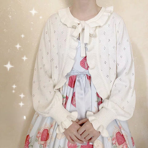 Japanese Style Kawaii Lolita Cardigan Women Vintage Lantern Sleeve Thin Ruffle Sweater Coat Knitted Kardigany Girls Cute Tops
