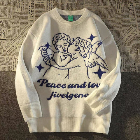 Japanese Style Unisex Cartoon Sweater Angel Jacquard Loose Casual Retro All Match Pullover Women Men Harajuku Couples Sweaters