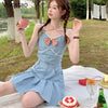 Japanese Sweet Lolita Two Piece Set Women Preppy Style Lace Bow Tank Tops + High Waist Pleated Skirt Suit Cool Girls 2 Piece Set