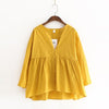 Japanese korean style spring and summer women clothes V collar yellow tops sweet blouse long sleeved shirt blusa high waist