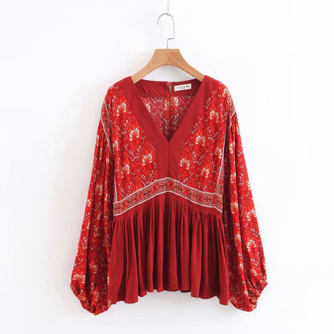 Spring Autumn Women Shirt Boho Print Blouses Shirts V-Neck long Sleeve Top Casual Blouses Blusa Female Clothing