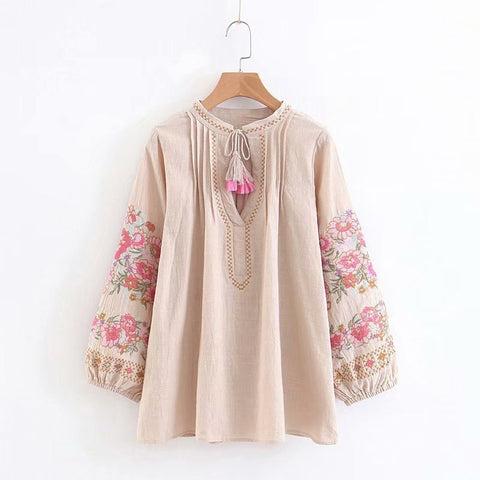 Boho Floral Embroidered Blouse 3/4 sleeve V-neck tassel Hippie Chic Women Shirt Top Casual Beach Blusa Blouses Summer2022
