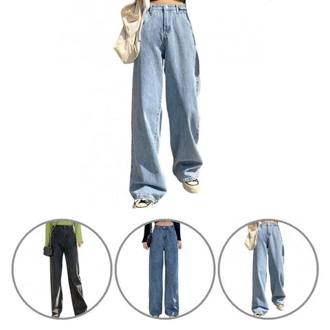 Jeans All Match Zipper Straight Solid Color Wide Leg Trousers   Women Pants  for School