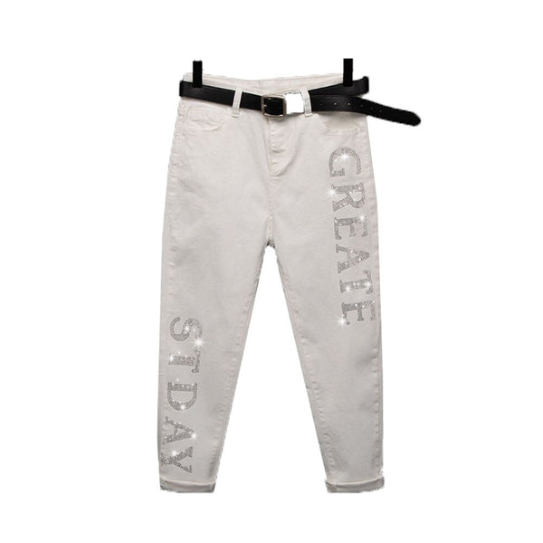 Jeans High Waist Women's White Spring Autumn 2022 Thin Embroidered Jeans Loose Stretch Ankle Length Female Hole Pants Retro