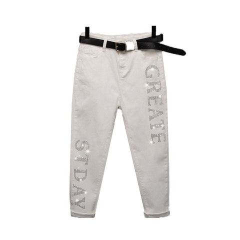 Jeans High Waist Women's White Spring Autumn 2022 Thin Embroidered Jeans Loose Stretch Ankle Length Female Hole Pants Retro