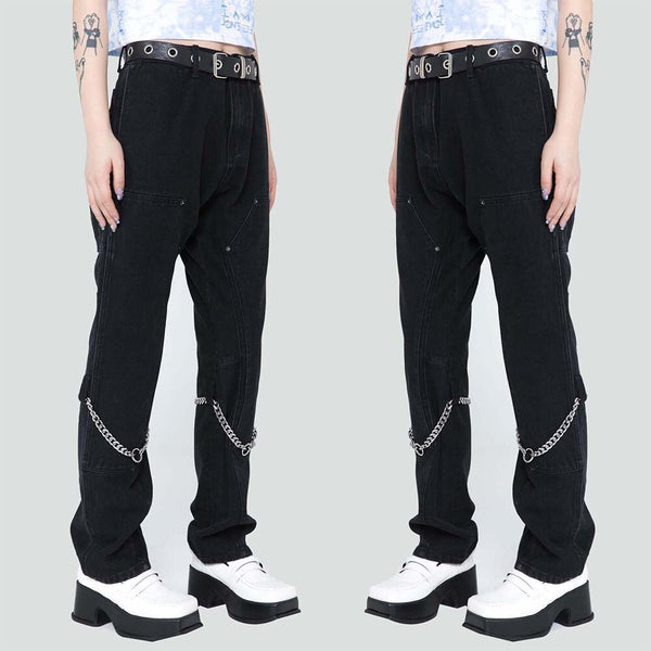 Jeans Men Solid Patchwork Chain Denim Pants Unisex Baggy Casual Retro Punk All-match Harajuku Trouser Autumn Streetwear