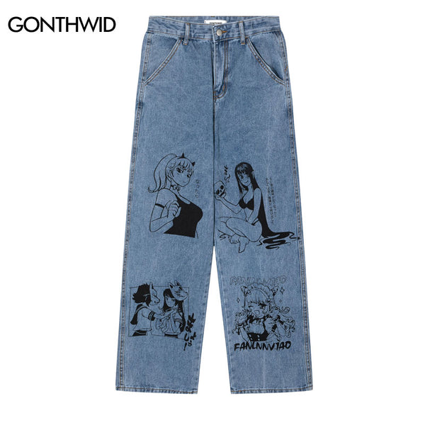 Jeans Pants Y2K Streetwear Hip Hop Japanese Anime Cartoon Girl Print Straight Wide Leg Baggy Denim Pants Harajuku Loose Trousers