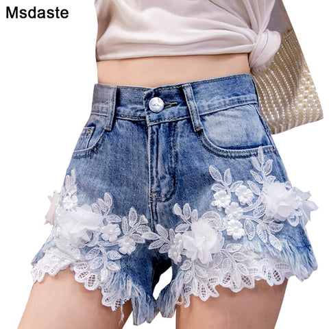 Jeans Shorts Women 2022 Summer Lace Flower Emboridery Jean Femme	Vintage High Waist Woman Blue Soft Denim Shorts