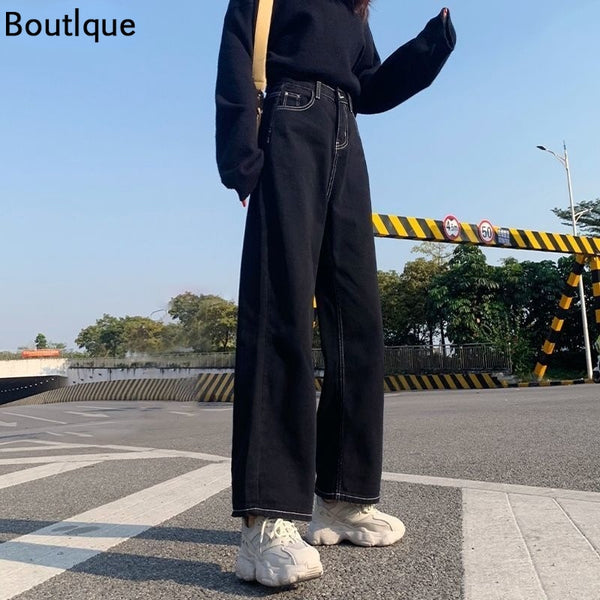 Jeans Women All-match Korean Style Mopping Trousers Denim Vintage Black Solid High Waist Autumn Baggy Chic  Street Casual