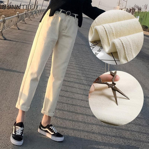 Jeans Women Ankle-length Beige Straight Denim Vintage School Simple Classic Womens Trousers BF Chic Harajuku Korean Ulzzang