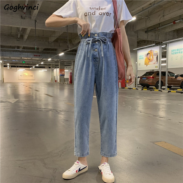 Jeans Women Ankle-length High Waist Sashes Bows Straight Loose Korean Style Young Students Office Ladies Sweet Chic New